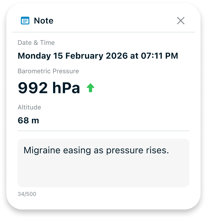 Barometer note screen showing a pressure reading and a personal note
