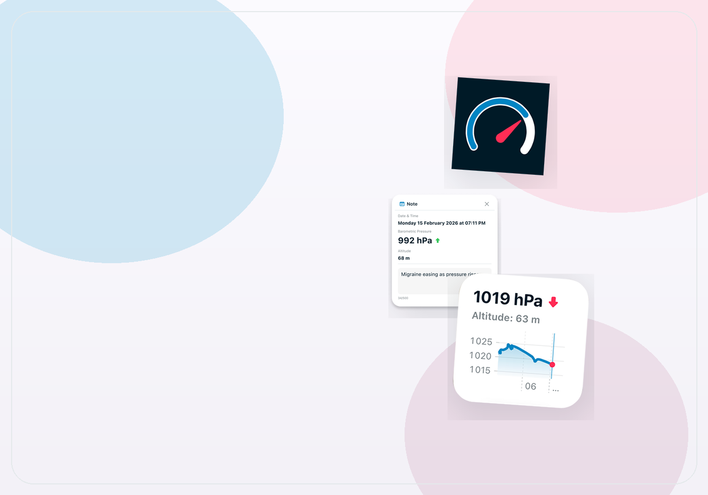 Light editorial migraine tracking image with note screen and pressure widget